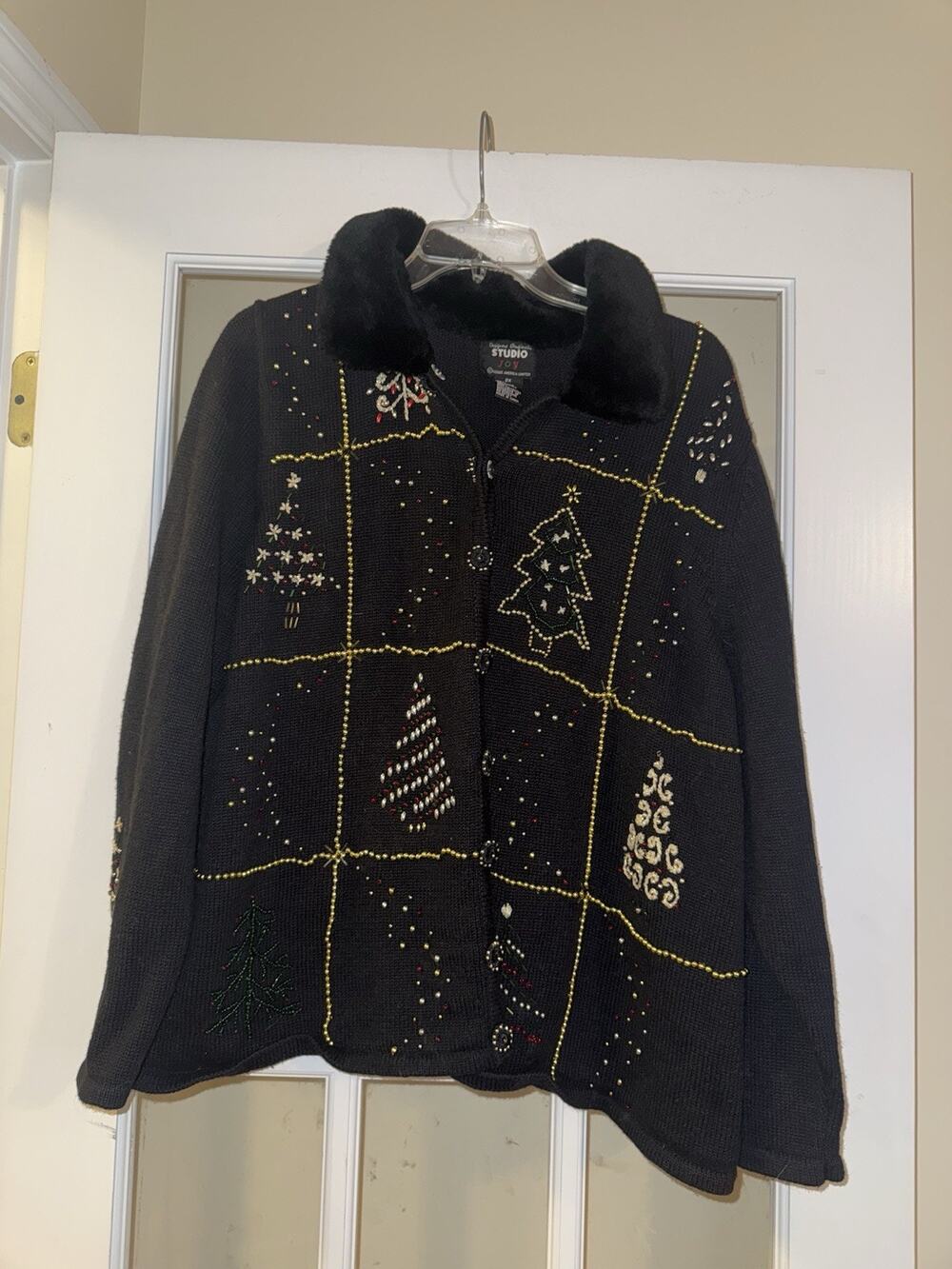 Designers Originals Black Knit Cardigan Beaded Christmas Trees Fur Collar Sz 2X